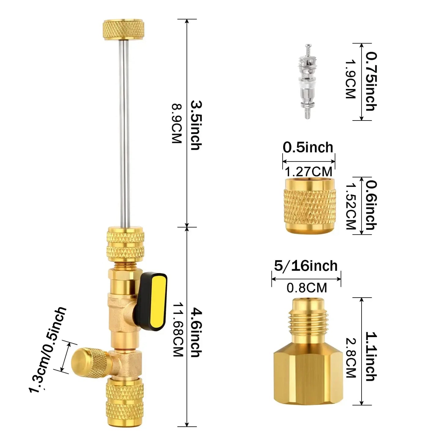 Dual Size 1/4" & 5/16" Port Valve Core Remover Installer Kit Tool with 10PCS 5v1 Valve Cores and Double Head for Refrigerant