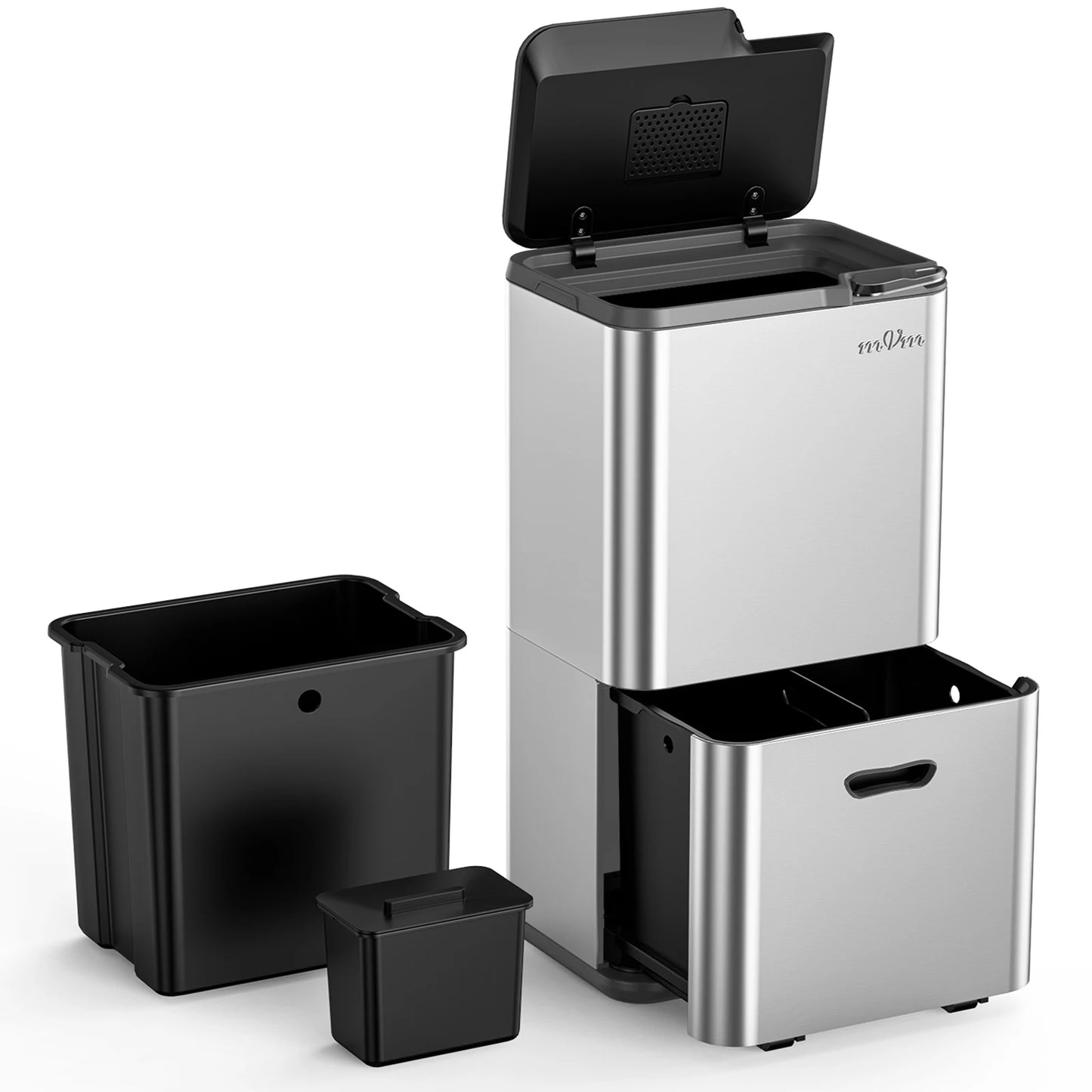 mVm Trash Can Stainless 63L(32L+28L+3L) Kitchen Trash Bin for Recycling Waste