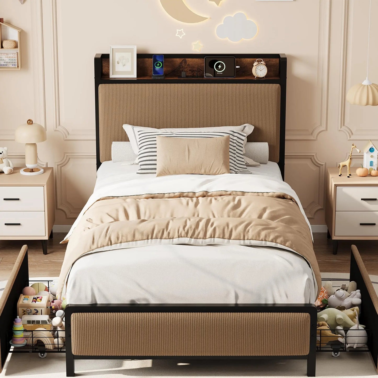 Mid Century Modern Platform Bed Frame With Charging Station