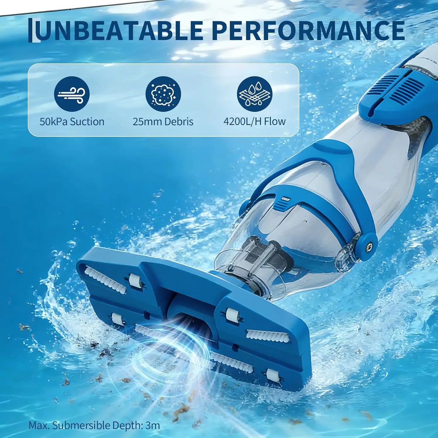 Tacleekii Handheld Pool Vacuum 19.8GPM Rechargeable Cleaner for Hot Tubs Corrosion Resistant Housing Rechargeable Battery IPX8 Waterproof with LED Dual Speed Suction