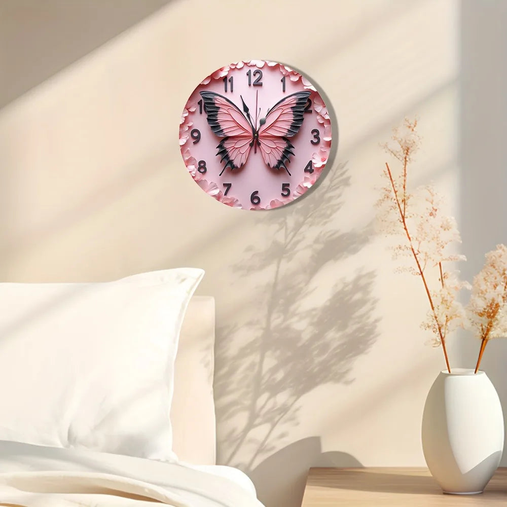 One Piece of a 9.84-Inch Wooden 2D Flat Pink Butterfly Wall Clock Featuring Black Hands And Large, Easy-To-Read Numbers. It Boas
