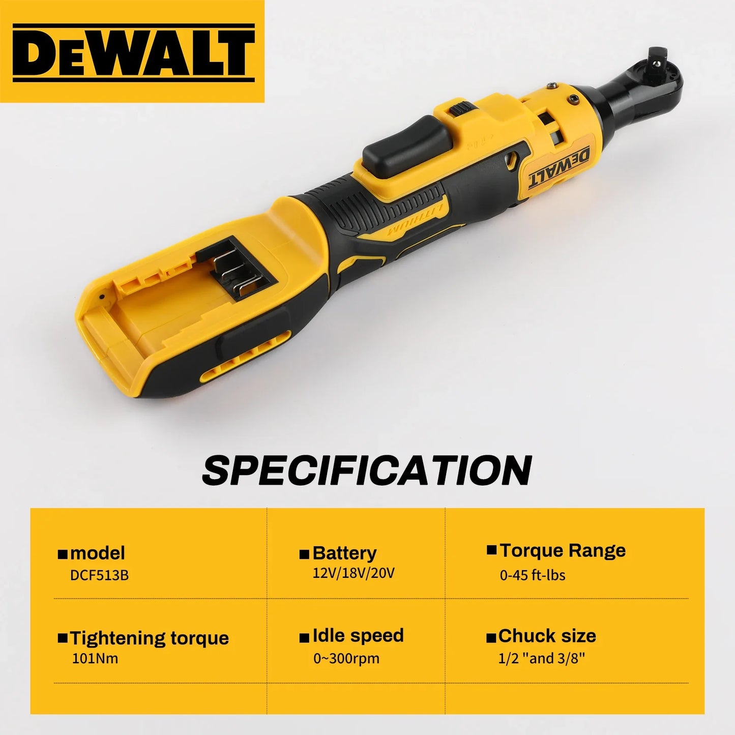 DEWALT DCF513 1/2 Brushless Cordless Ratchet Wrench Variable Speed Rechargeable High Torque Right Angle Fit DEWALT 20V Battery
