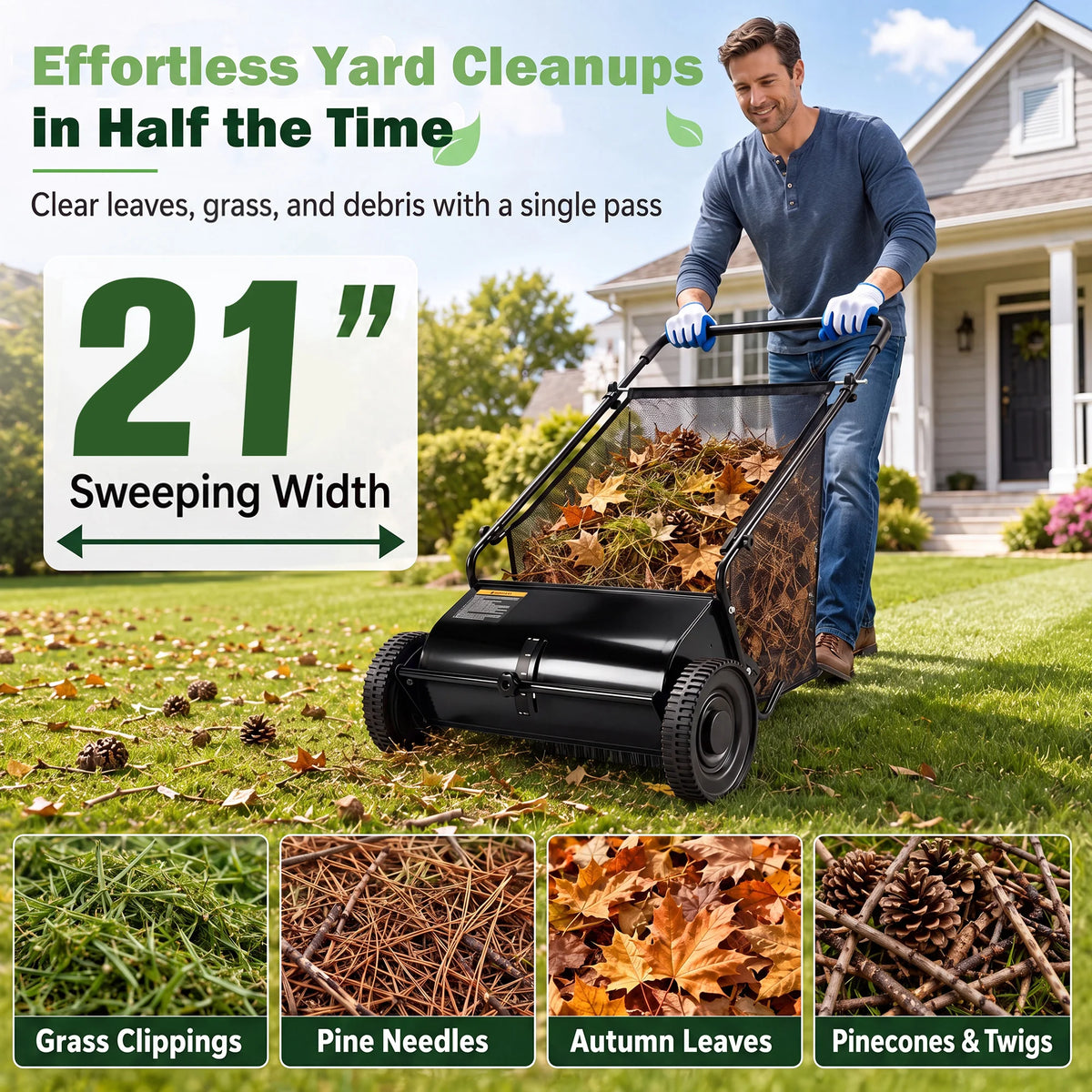 Efficient Manual Push Lawn Sweeper With Four Robust Brushes
