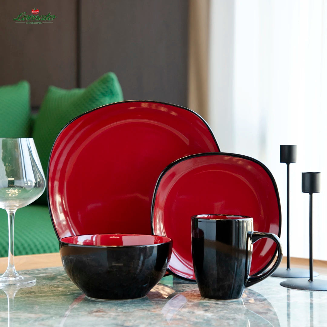 2025 Nordic Modern China Crokery Irregular 16 Pcs Glossy Red Black Modern Tableware Stoneware Ceramic Dinner Dinnerware Set