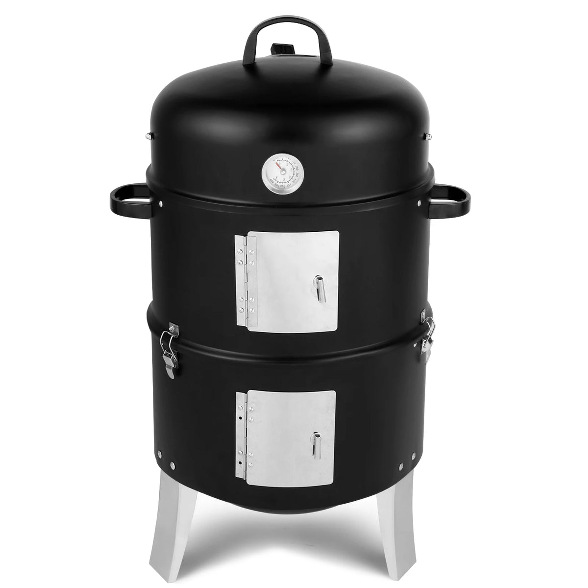 Vertical Steel Charcoal Smoker Heavy Duty Double Layer Round BBQ Grill for Outdoor Cooking Black with Thermometer Chrome Grates