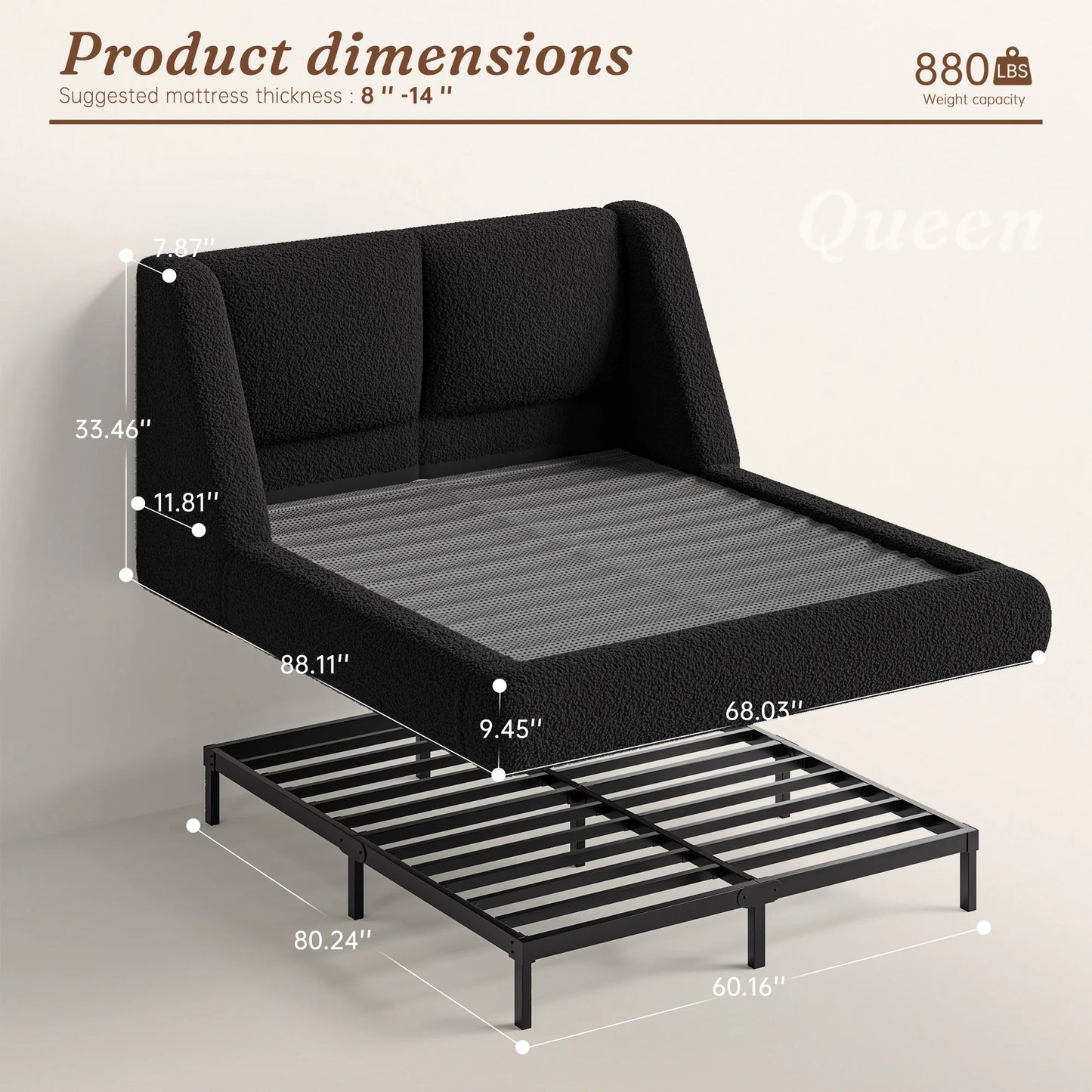 EnHomee Upholstered Cloud Bed Frame With Plush Wingback Headboard