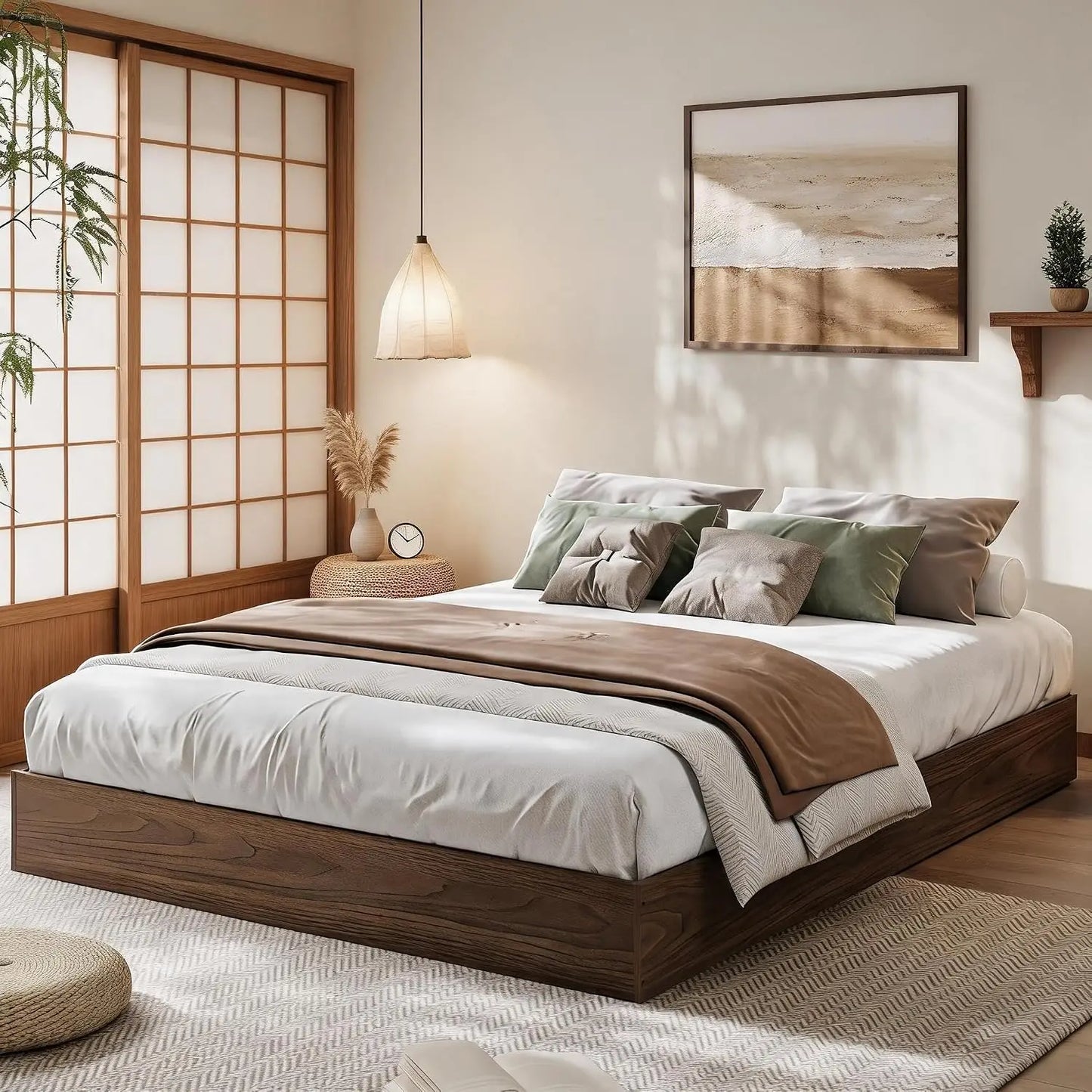 Garvee Living Room Bed Frame Easy Sturdy Assembly Bedroom Frames with Low Profile Design Eco-Friendly Bed Wood Slats Support Home Furniture Without Headboard