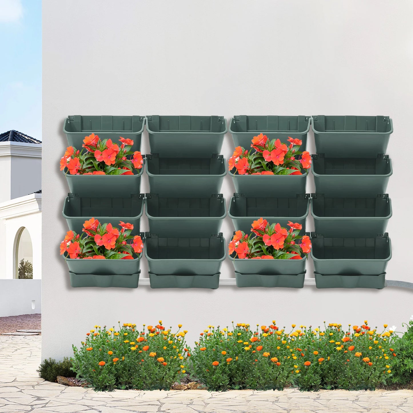 16PCS Hanging Garden Plant Wall Flower Pot Container Wall Hanging Vertical Green Plastic Planting Box W/4 Drainage Pots & 1 Pipe
