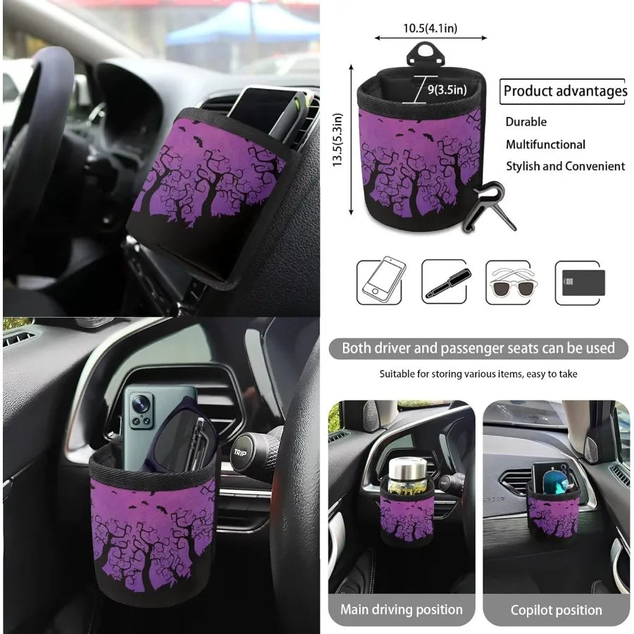 Purple Bat Print 15Pcs Car Seat Covers Full Set High Back Bucket Seat Covers with Steering Wheel Cover Safety Belt Pads Inside