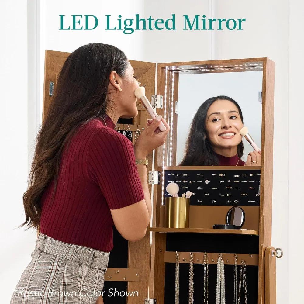 360 Swivel Mirrored Jewelry Cabinet, Standing Armoire, Makeup Storage Organizer, w/LED-lit Mirror, 3 Shelve