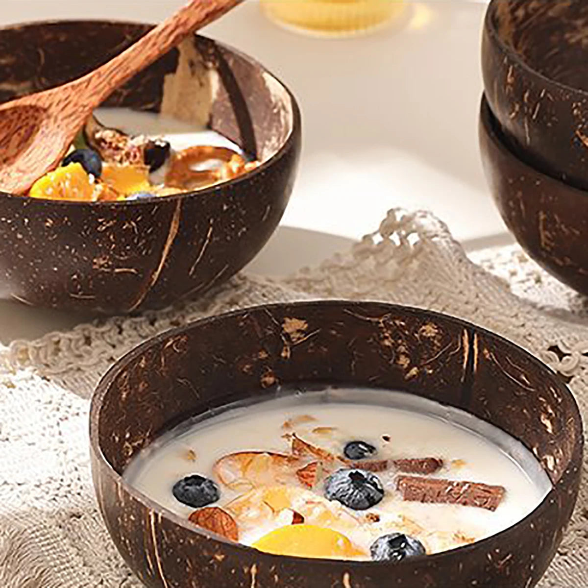 Natural Coconut Shell Bowl And Spoon Set For Serving Dishes Salad Wooden Reusable Kitchen Tableware Coconut Bowls Fruit Bowl