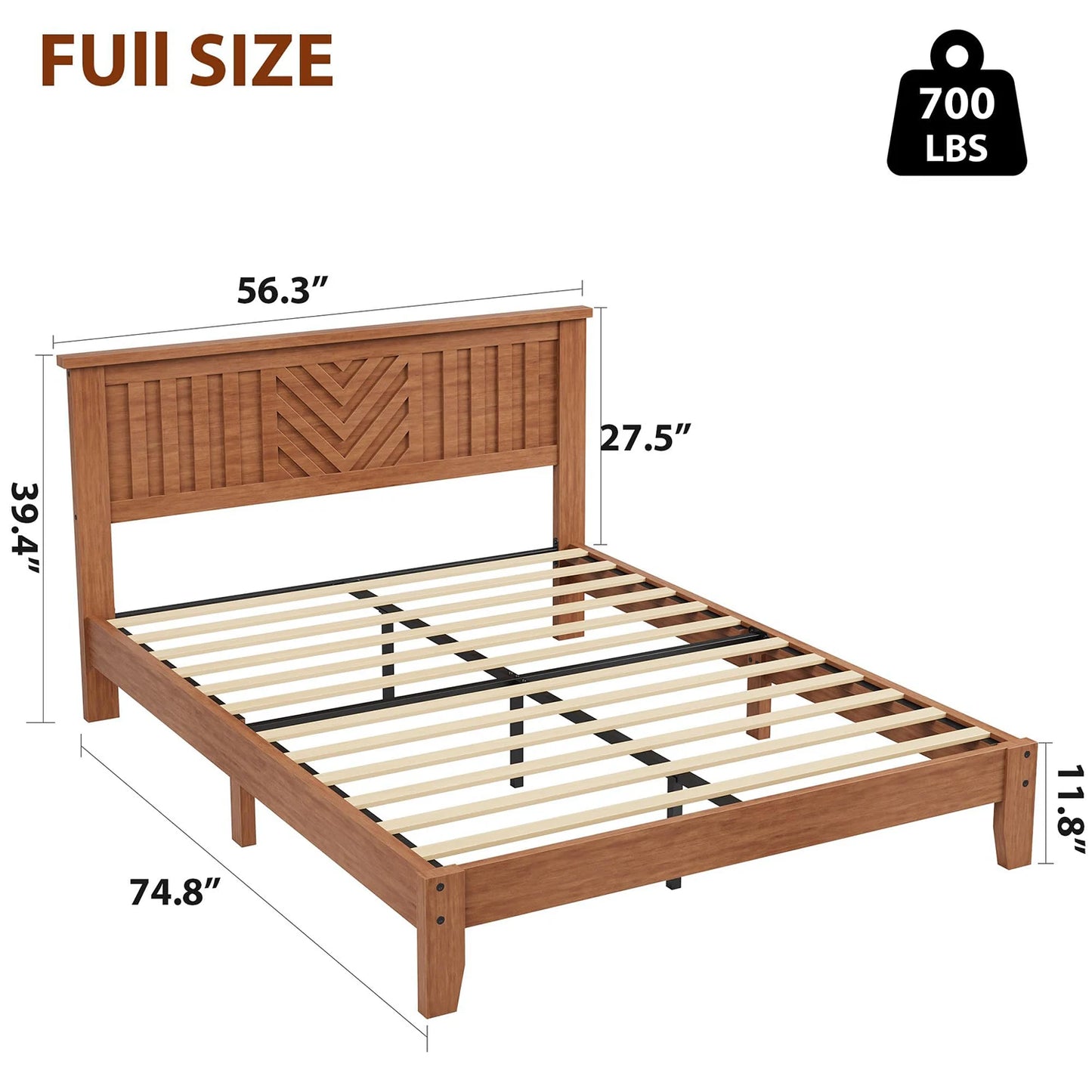 Full Queen King Wooden Platform Bed Frame With V Pattern Headboard, Noise Free Wood Slats, Underbed Storage, No Box Spring Needed