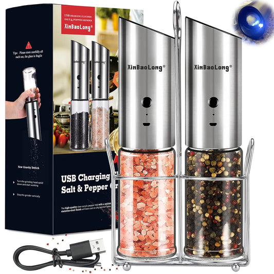 2pcs electric salt and pepper grinder set, USB rechargeable salt and pepper grinder set, electric salt and pepper grinder
