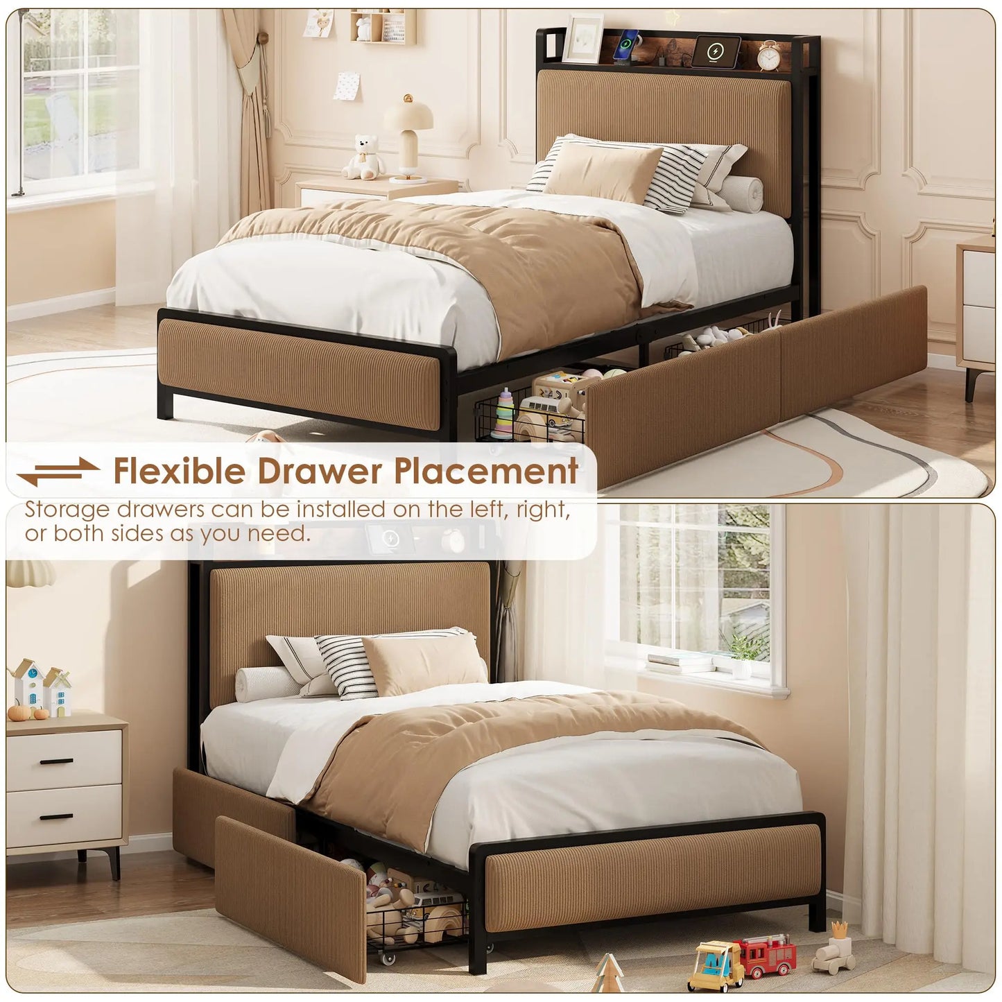 Mid Century Modern Platform Bed Frame With Charging Station