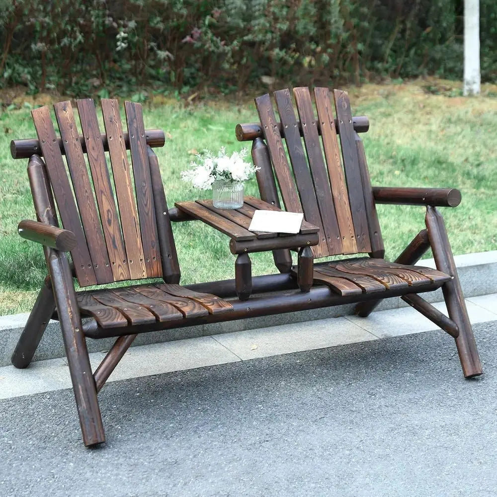 Rustic 2-Person Wooden Adirondack Bench Set with Loveseat and Built-in Table for Patio, Garden, or Poolside