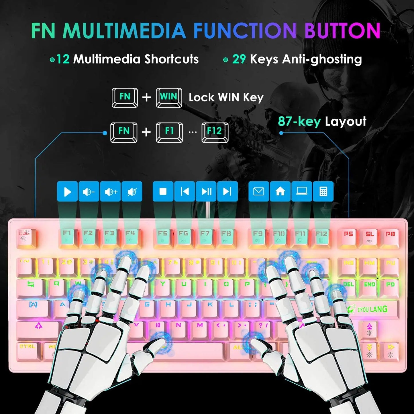 MAMBASNAKE x ZIYOU LANG Wired K2 Pink blue Switch gaming keyboard and mouse set gaming keyboard and mouse set Mini 87 Keys