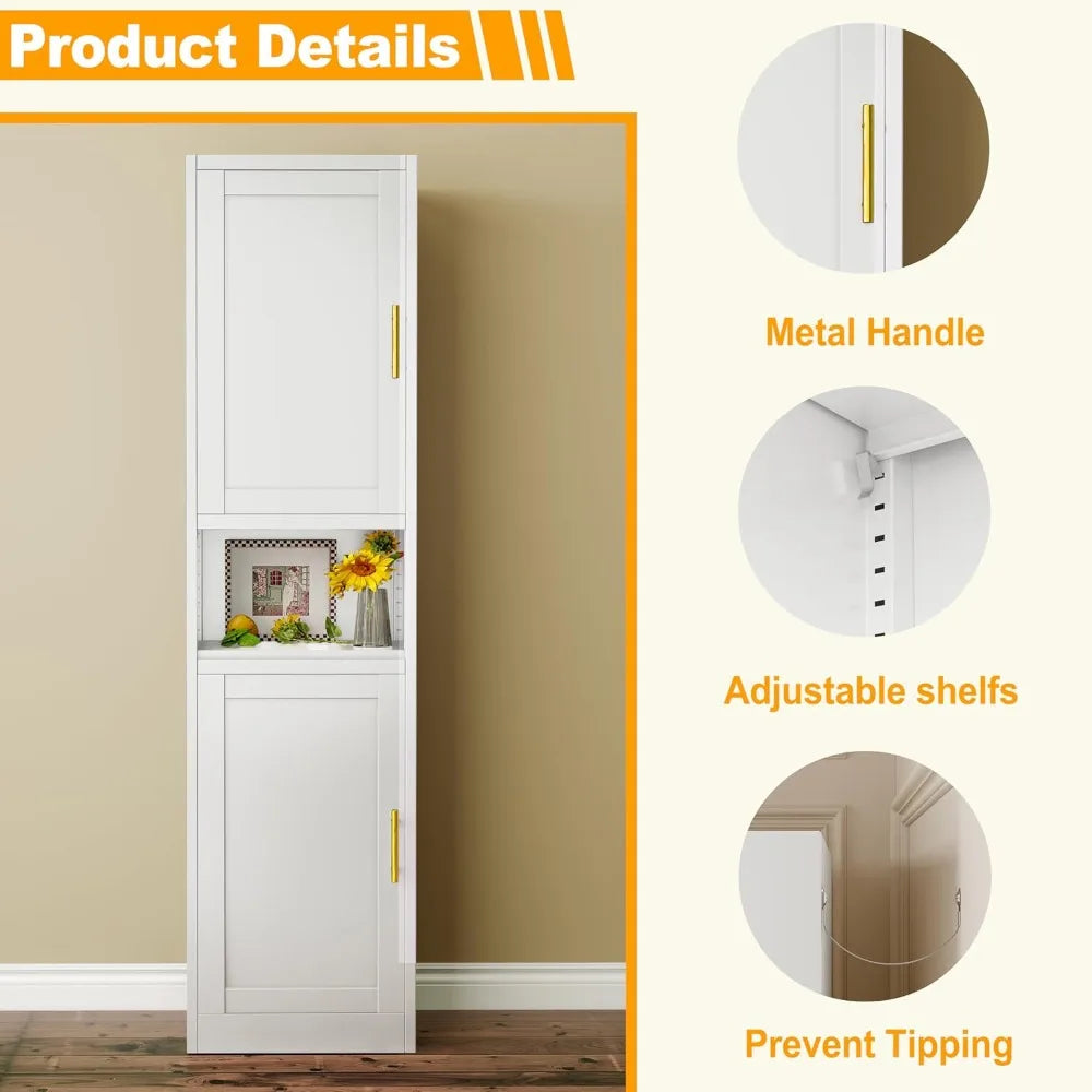 Tall Narrow Storage Cabinet with 4 Adjustable Shelves for Kitchen Bathroom Home Office Living Room Dining Room in White