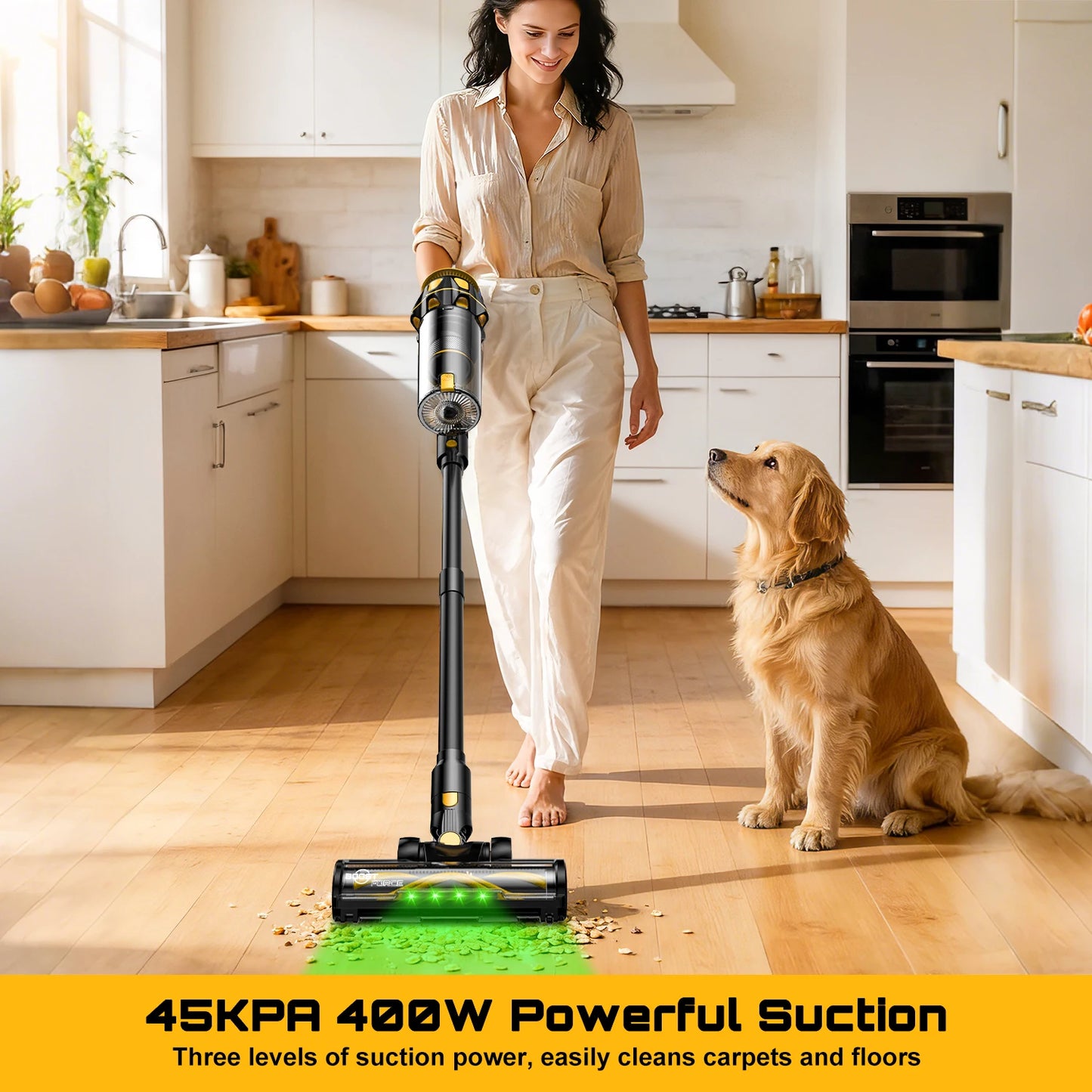 Cordless Stick Vacuum Cleaner Compatible with DeWalt 20V Battery, 45KPa Powerful Suction & 400W Motor, Self-Standing Vacuum for Hard Floors, Carpet and Home Cleaning (Battery Not Included)
