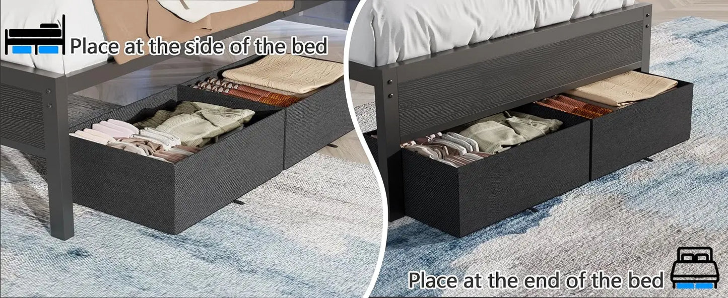 Queen Bed Frame with Charging Station and LED Lights, Grey Upholstered Headboard with Shelves, Metal Platform Bed with 2 Under-Bed Storage (Fabric Drawer on Wheels), No Box Spring Needed