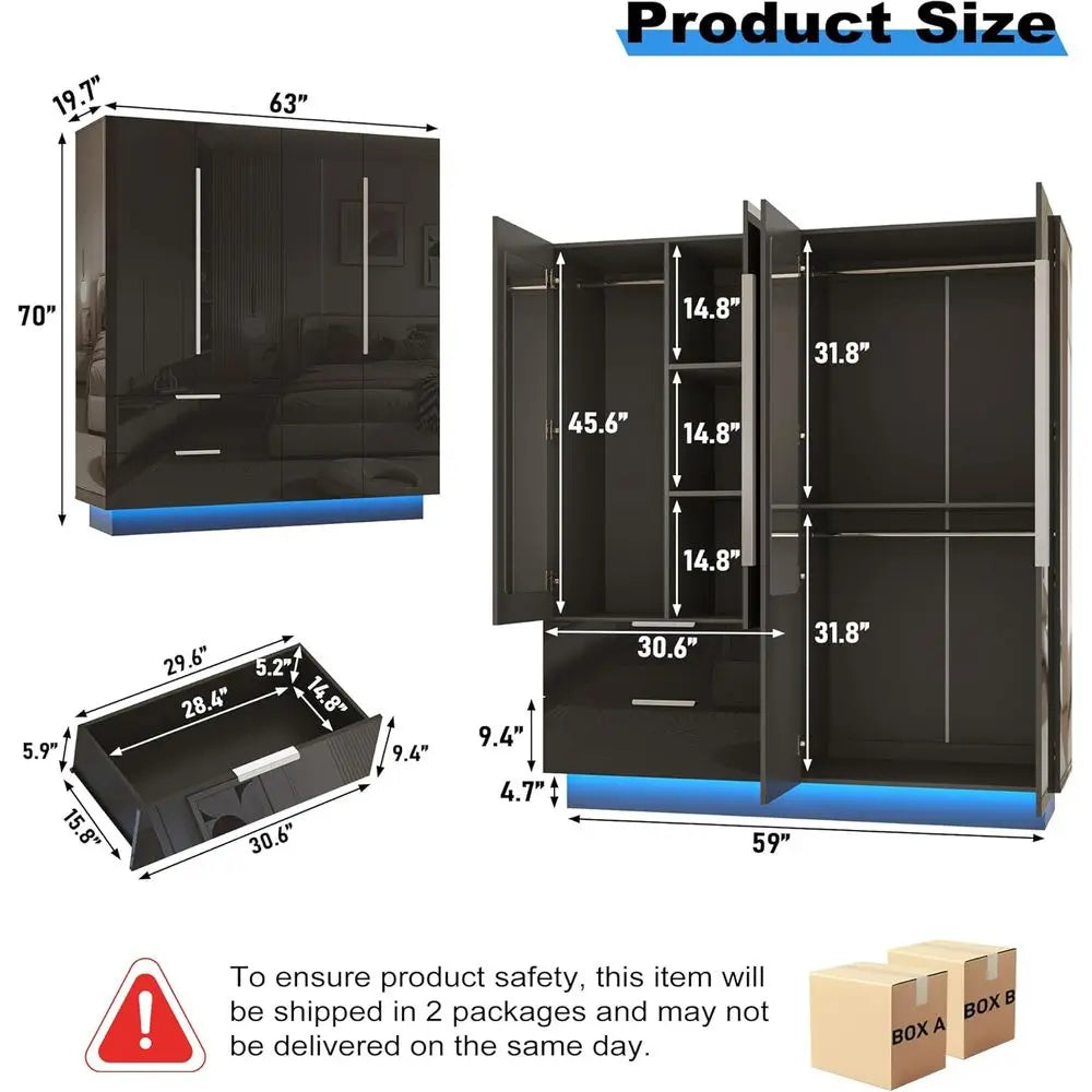 70” Tall 4 DoHigh Gloss Armoire Wardrobe Closet 2 Mirror, LED Lights, 2 Ders,63" ern Closet Wardrobe Cabinet with Shelves and Ha