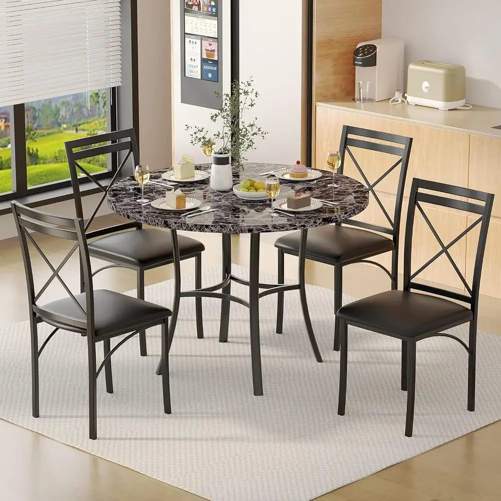 Space Saving Round Dining Table Marble Look Metal Frame