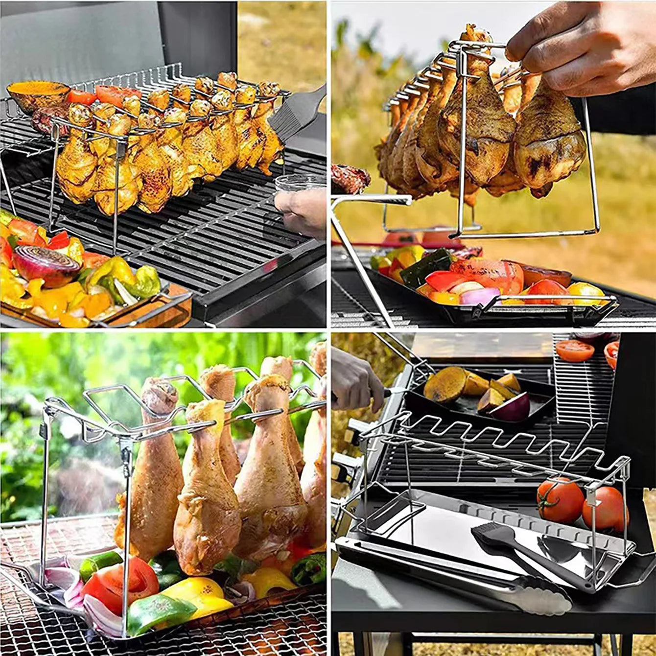 Chicken Leg Rack for Grill with Drip Tray- 14 Slots Chicken Wing Rack- Premium Stainless Steel Chicken Drumstick Rack for Smoker
