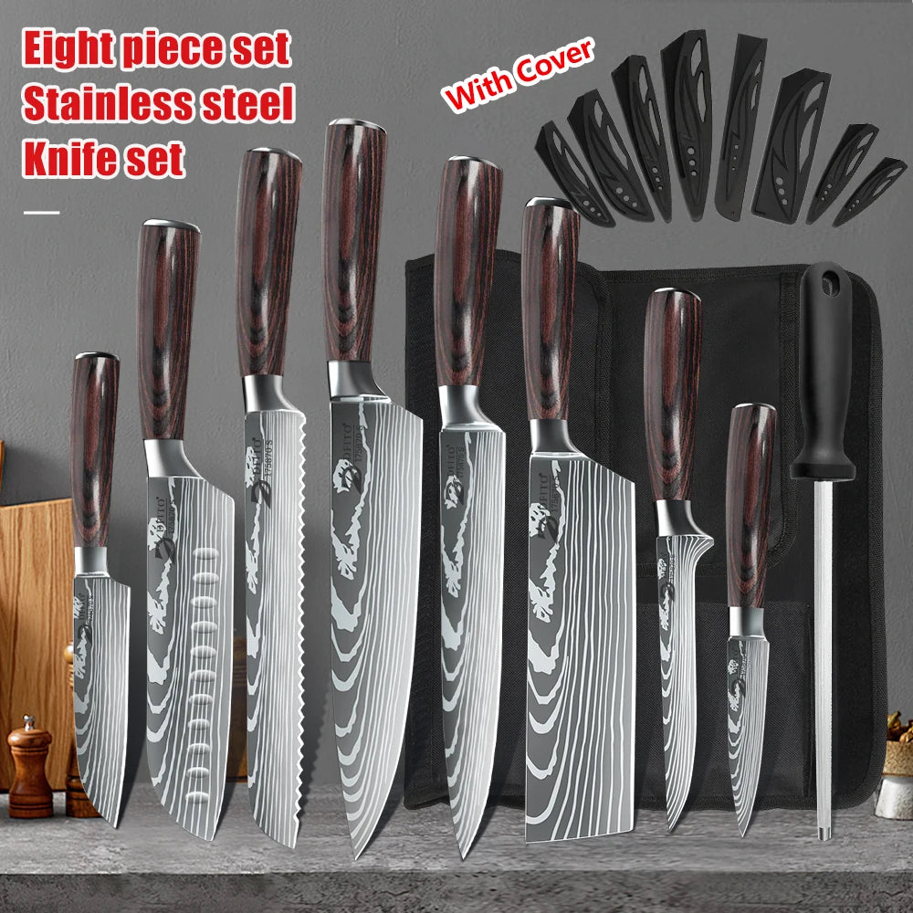 KEPEAK Kitchen Knife Set 7Cr17Mov Stainless Steel Chef Knife Ultra Sharp Santoku Cleaver Utility Knife Cooking Knives Nylon Bag