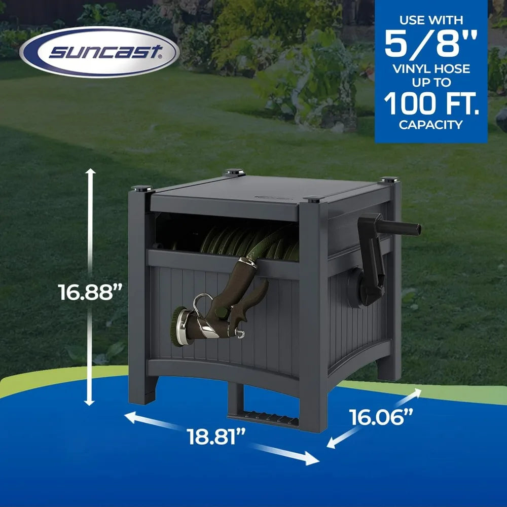 Suncast Cyberspace Grey Garden Hose Storage Reel Box Resin Outdoor Container Holds 100FT 5/8 Inch Water Line No Assembly Require