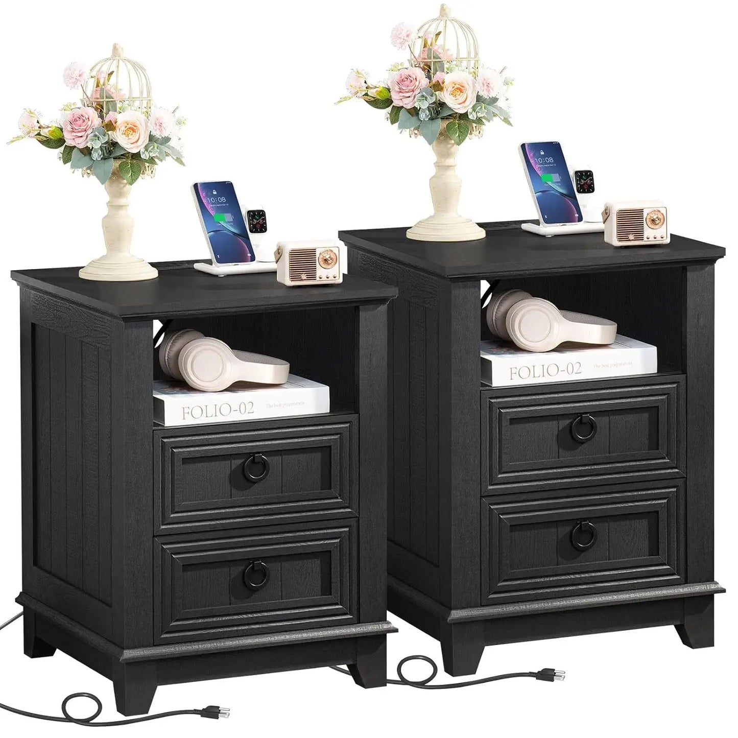 18" Farmhouse Night Stands Set of 2 with Charging Station, 2 Drawers End Table Dresser for Bedroom, Blue Wooden, Customized