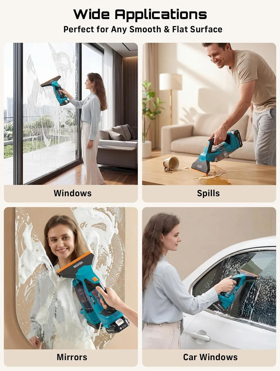SEESII Cordless Window Vacuum Cleaner 2000PA Suction Power 4.0mAh Battery Windown Spray Cleaning Tool Set with Squeegee Blade for Mirror Glass Countertop Tile