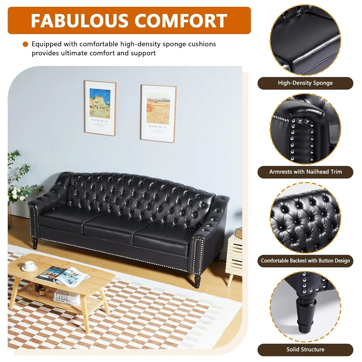 Mid-Century Modern Leather Sofa Chesterfield With Sleeper