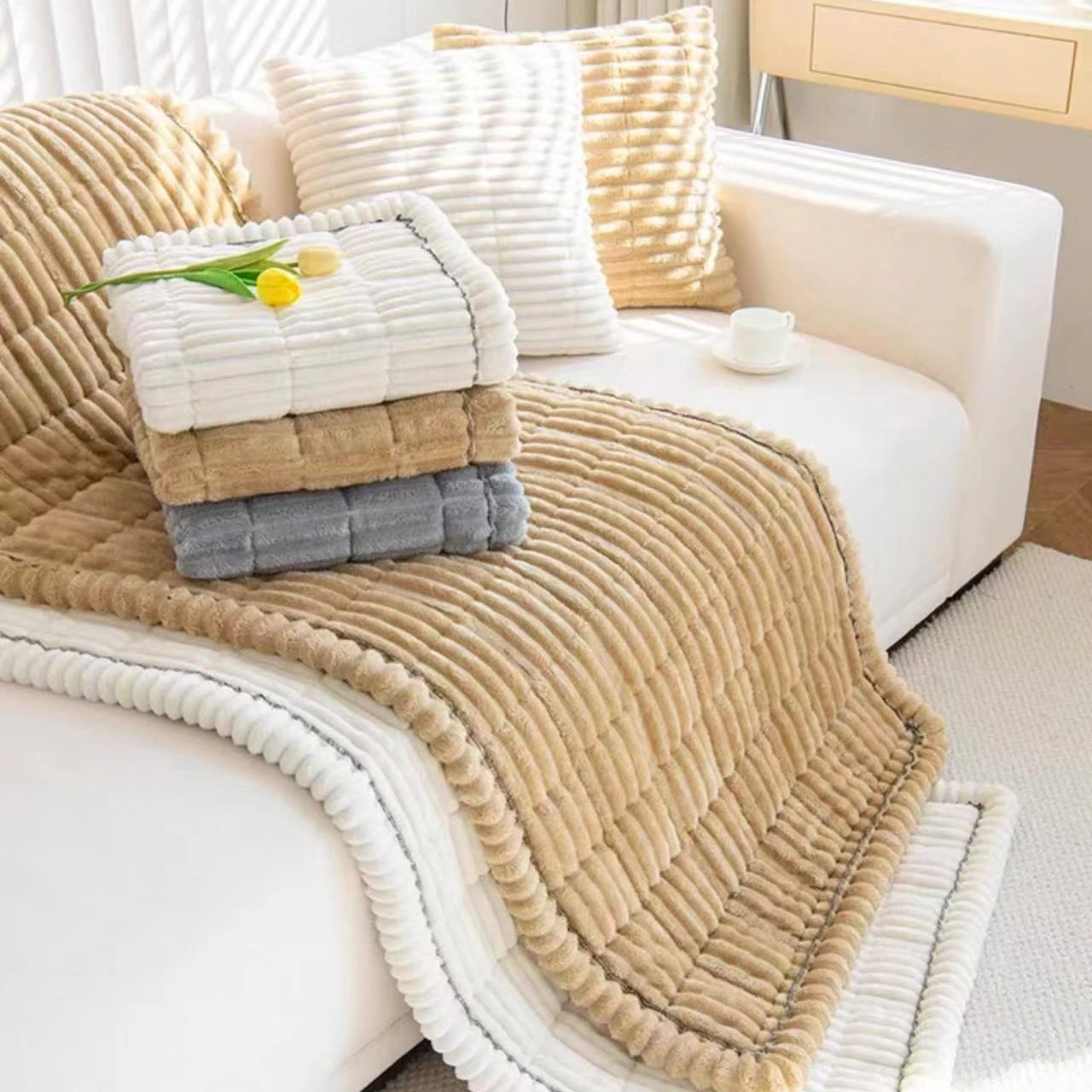Thicken Quilting Warm Stripe Flannel Sofa Pad, for Winter Living Room Sofa Towel Multiuse Sofa Cover Slipcover