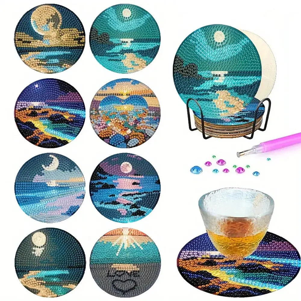 8 pieces/set animal horse pattern diamond painted coaster set with holder DIY coaster beginner coaster, craft supplies gift