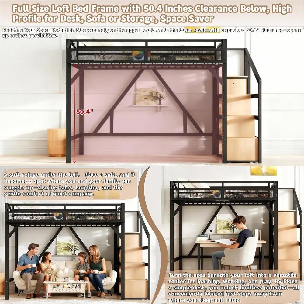 Storage Staircase Bed with Shelves, Built-in Wardrobe, USB Ports, LED Lights, and Noise-Reduced Design in Natural Wood