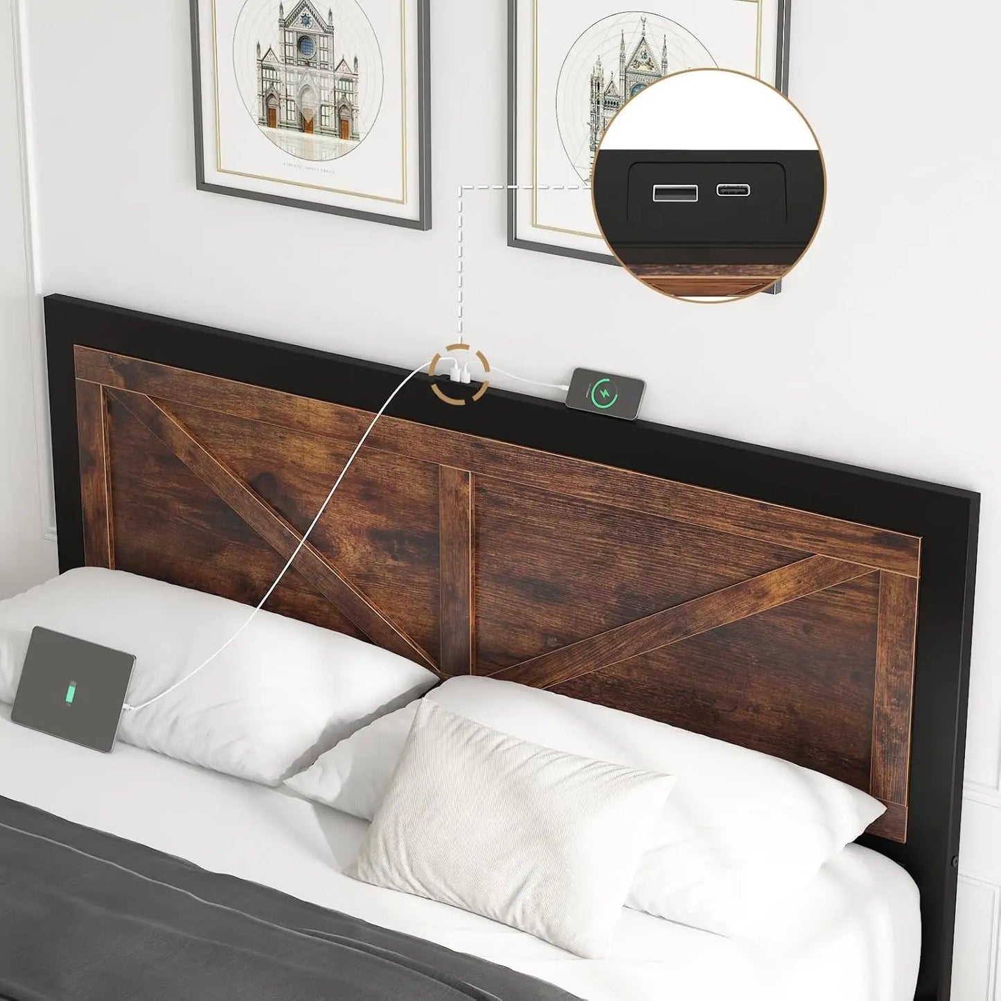 LED Bed Frame With USB Charging And Industrial Headboard