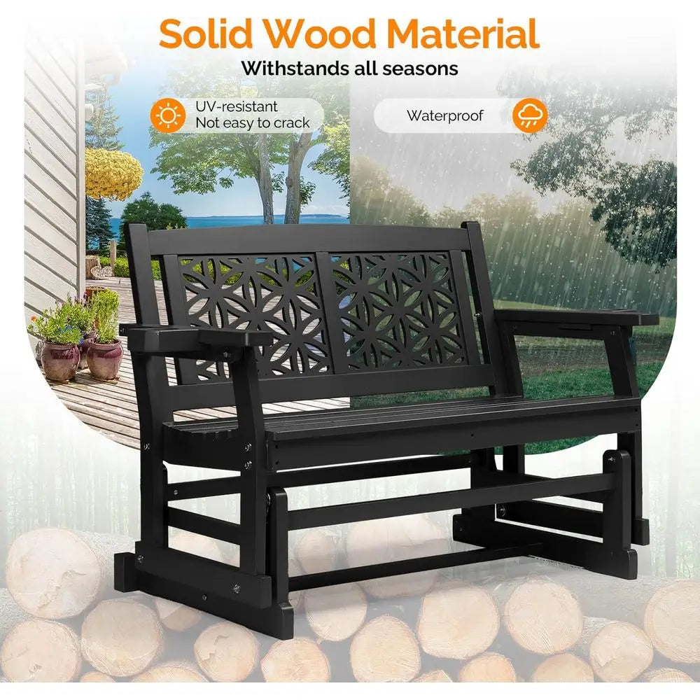 Wooden Outdoor Glider Bench with Floral Backrest, Patio Rocking Chair with Cup Holders, Ideal for Garden, Yard, and Porch (Black