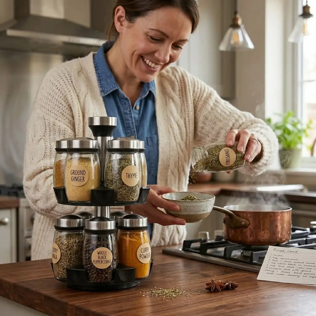 12pcs Glass Jar Set - Rotating Kitchen Spice Rack Organizer, Countertop Herb & Spice Carousel - Ideal For Kitchen Counter Accessories, Spice Organization, And Storage