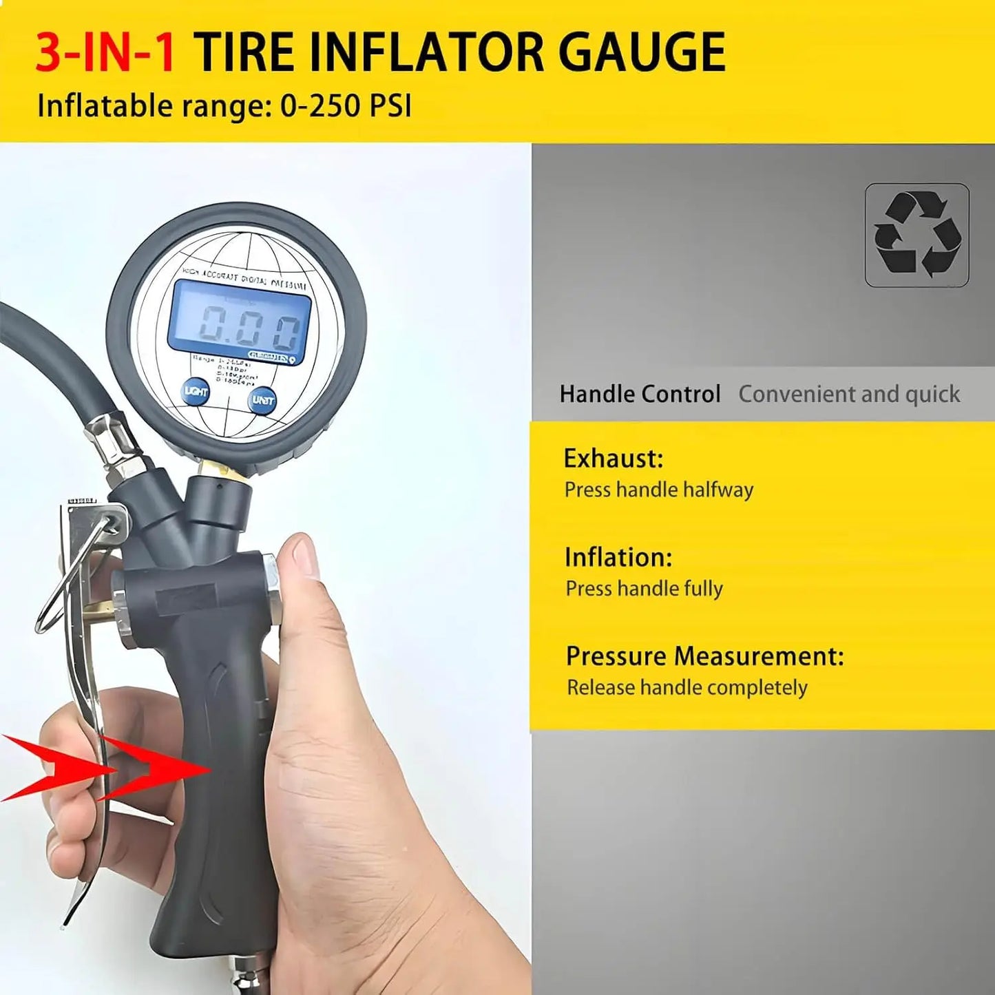 Digital Tire Inflator with Pressure Gauge,255 PSI Air Chuck, Heavy Duty, 0.1 Display Resolution, Car Accessories, Includes Defla