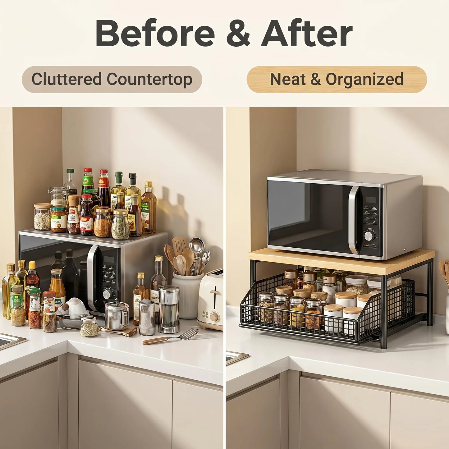 Kitchen Counter Storage Rack with Metal Drawer, Solid Wood & Metal Pull-Out Organizer for Coffee Maker, Microwave And Tableware
