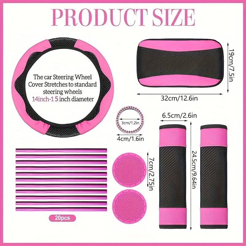 Women's Car Interior 37-Piece Set - Polyester Seat Covers, PU Steering Wheel Cover, Shoulder Pads, Decorative Strips  etc