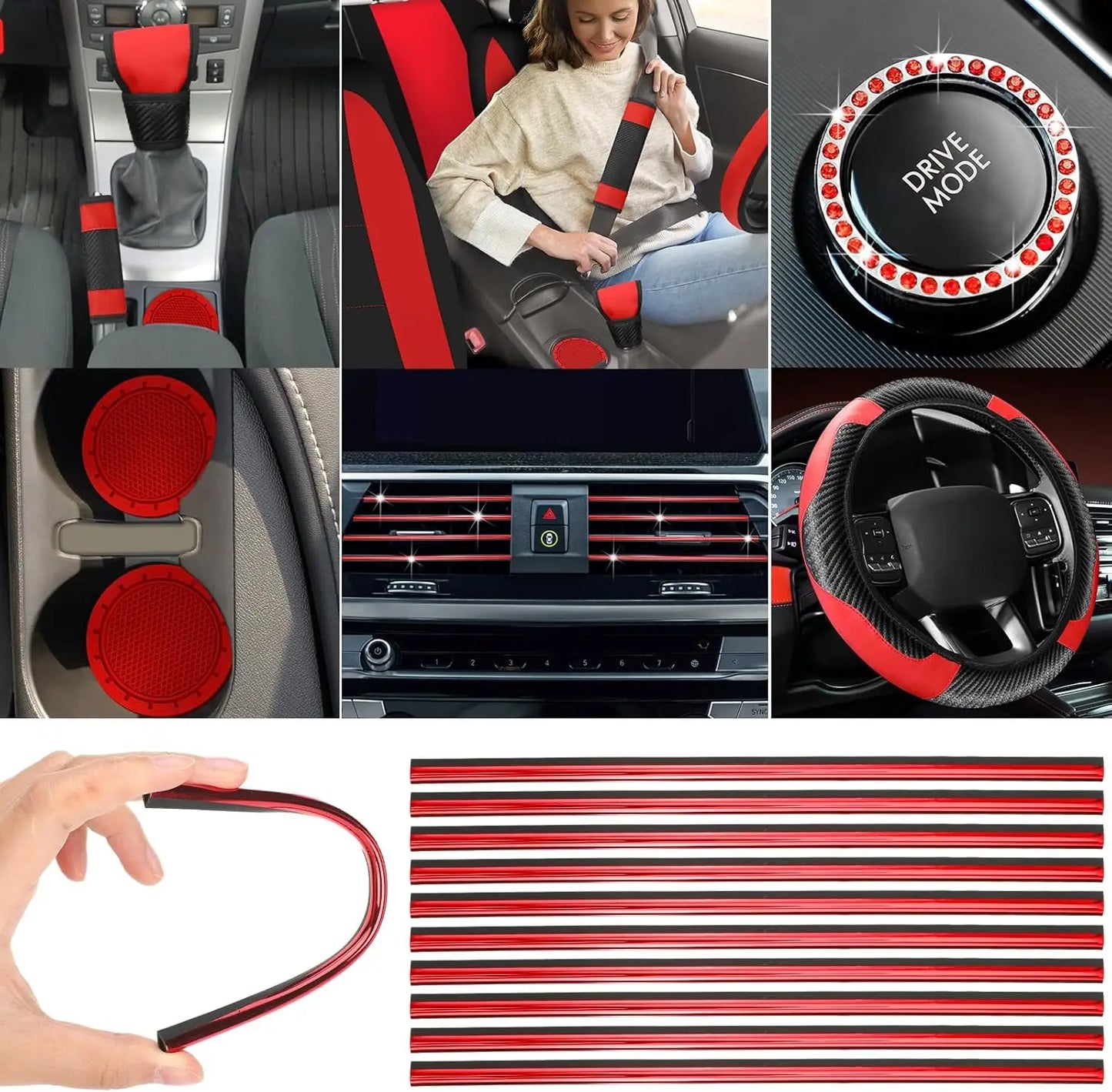 41-Piece Black Red Car Accessories Set: Seat Covers, Steering Wheel Cover, Belt Pad, Shift Sleeve & More for Auto Interior