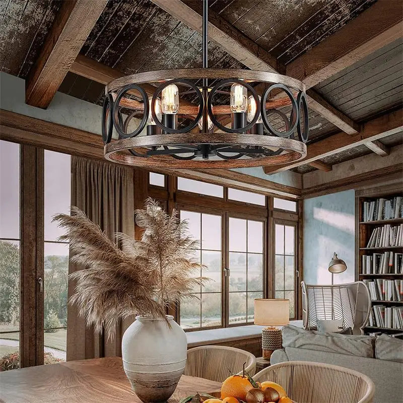 American Industrial Circular Chandelier Farmhouse Retro Iron Art Wood Grain For Restaurant Home Bedroom Ceiling Light Home Decor