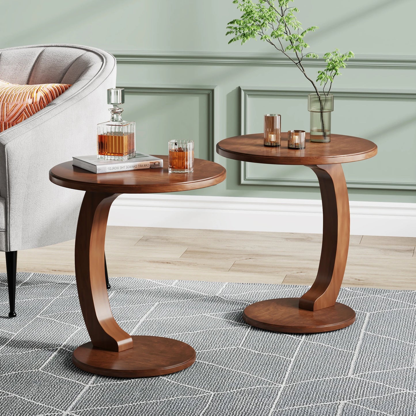 Tribesigns Round End Table, Wood C-Shaped Side Table, Small Couch Side Table, Mid-Century End Table, Retro Side Table