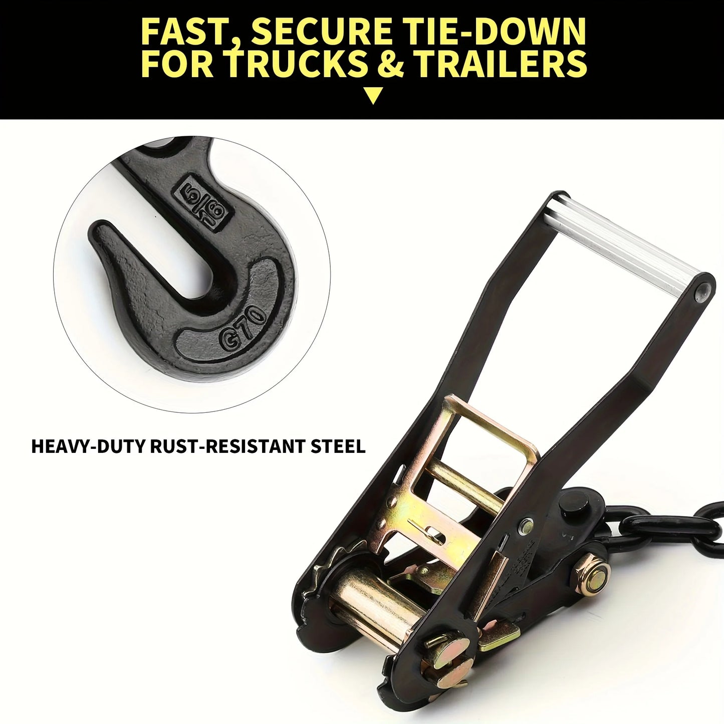 4 Pack Reflective Car Tie Down Straps For Trailers - Tire Ratchet Strap With Chain Anchors - 2" X 8' 9900LBS Break Strength - Lasso Style Wheel Straps For Hauling UTV, SUV, Truck
