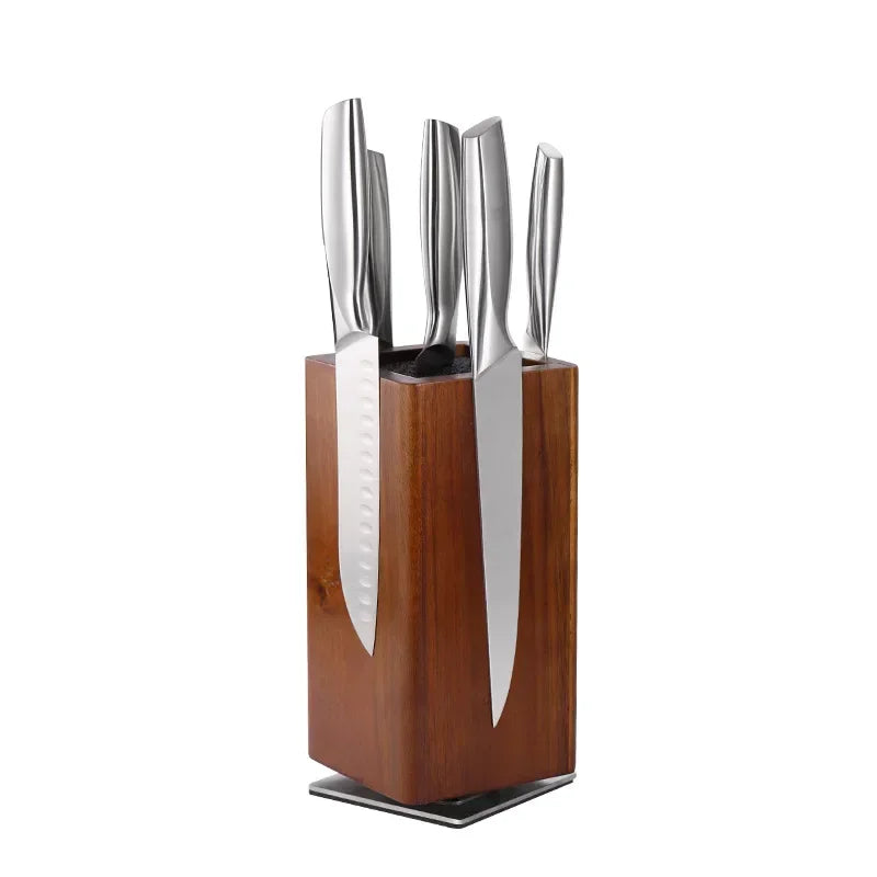 1Pc 360°Rotating Magnetic Knife Block Wood Universal Knife Holder 4‑Side Ultra‑Strong Magnets Knife Storage Rack with Removable Bristles Multifunctional Kitchen Countertop Knife Organizer
