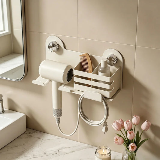 Strong Vacuum Suction Cup Bathroom Storage Rack, Punch Free Wall Mount Hair Dryer Holder