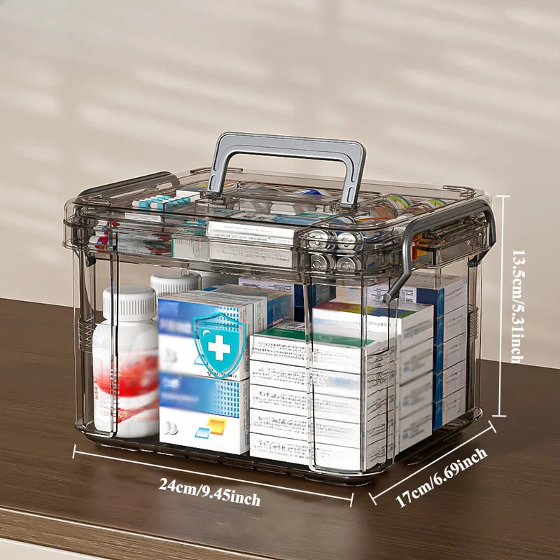 Clear Medicine Organizer Storage Box with Tray, Thickened Medicine Container Chest, Multipurpose Medical Case with Labels