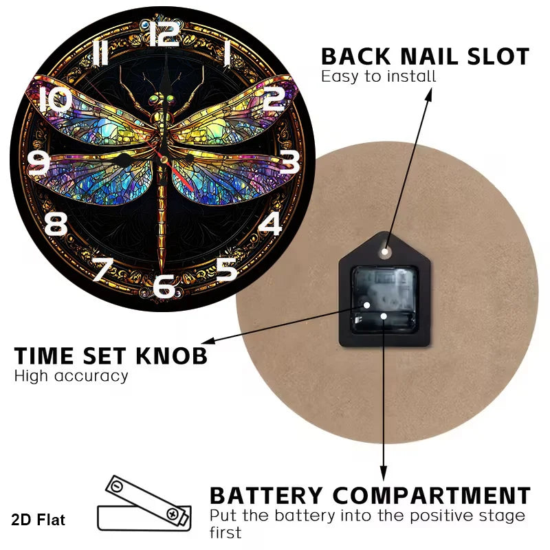 1pc 12-inch Stained Glass Dragonfly Wall Clock - Silent Non-Ticking Battery- Nursery Decor with Wood Frame, Pastel Colors Suitab