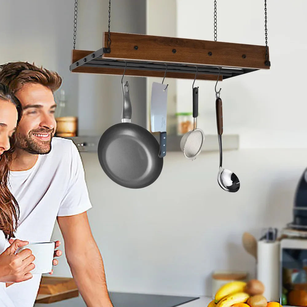 Adjustable Ceiling-Mounted Kitchen Hanging Pot Pan Holder – Cookware Organizer Rack W/ Spring Clips, Space-Saving Storage Shelf