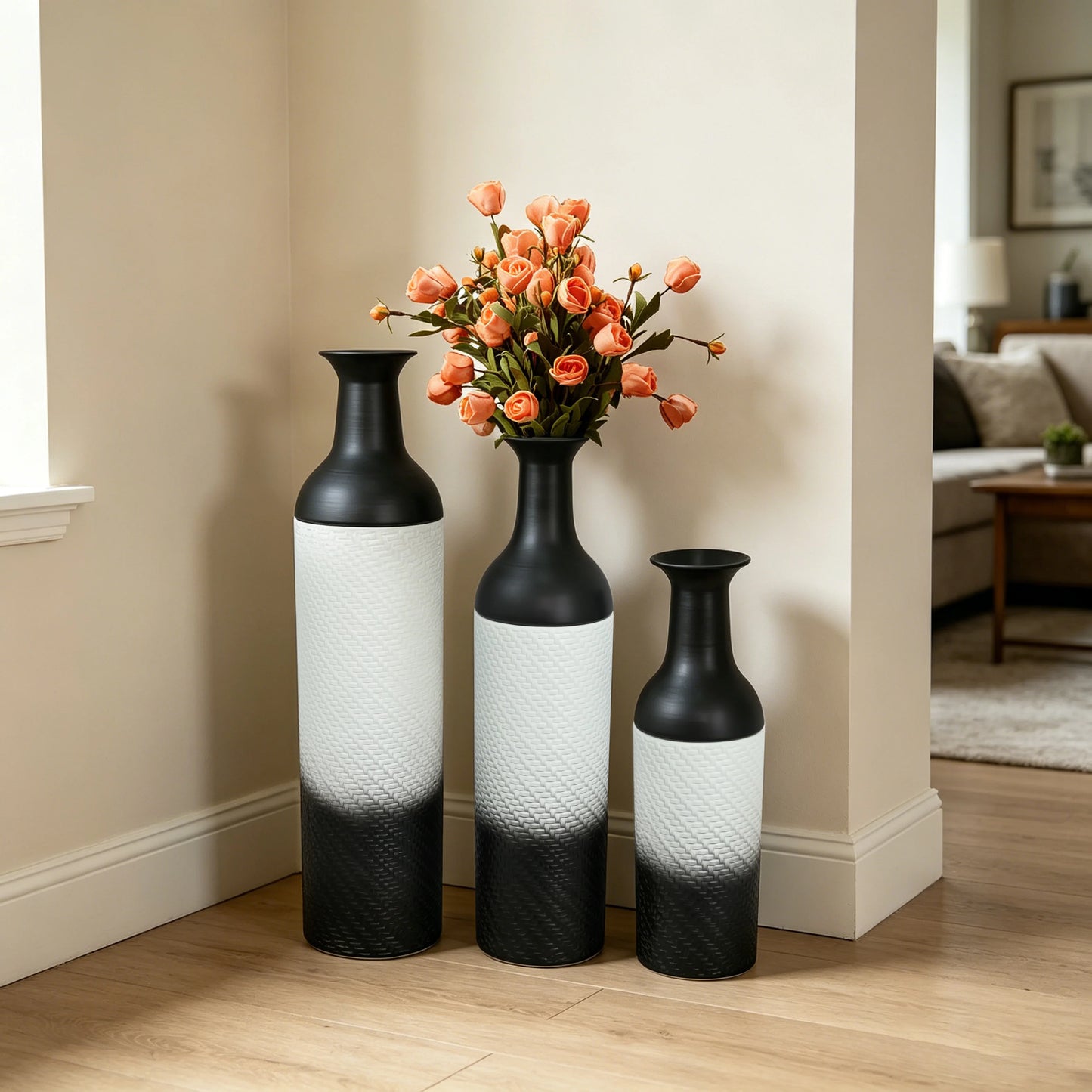 3-Tier Metal Floor Vases Set, Black & White Leaf Pattern Tall Vases, Modern Art Home Decor for Living Room Entryway